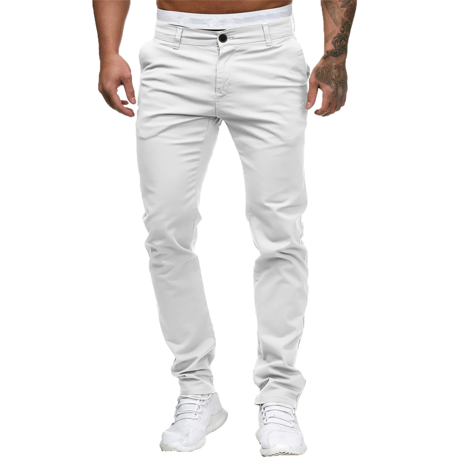 thumbnail image 2 of Pantalones informales lisos de talla grande para hombre, cintura ajustada, botones/bolsillos/cremallera decorativos, algodón, tallas M-XXXL, 2 of 8